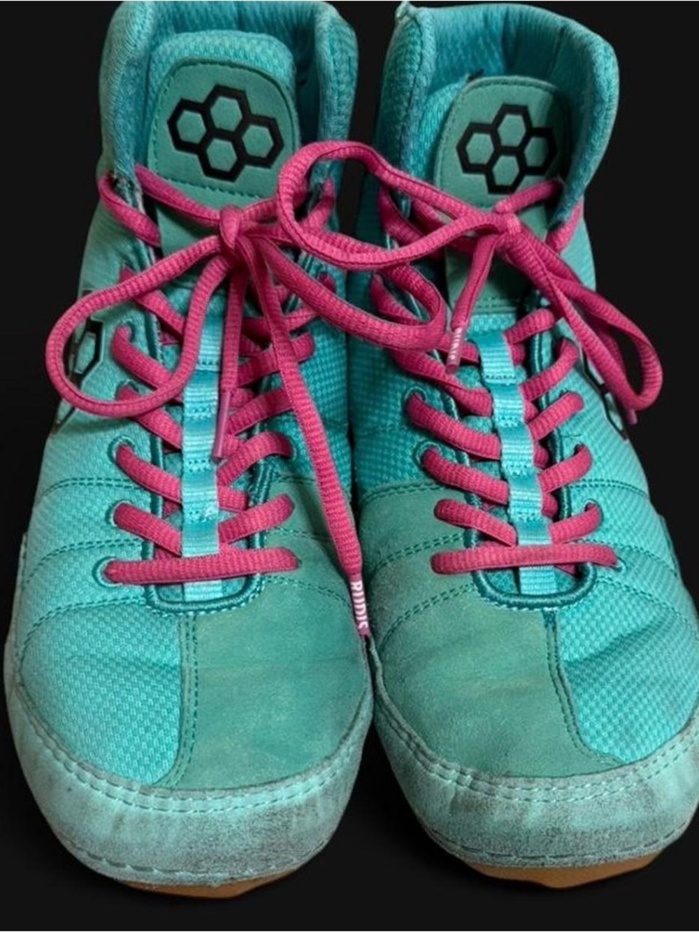 Turquoise Rudis Wrestling Shoes with Pink Laces